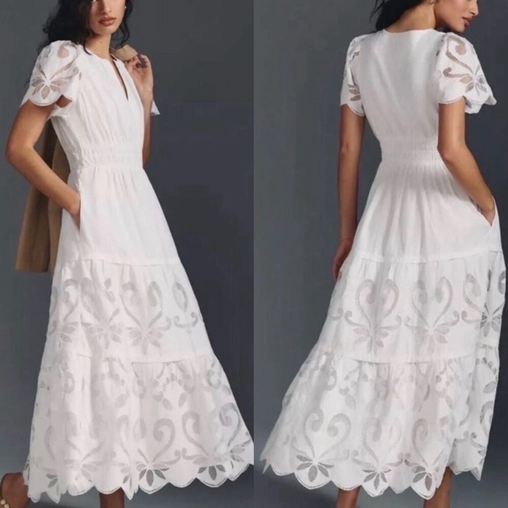 Anthropologie Somerset Maxi Dress Cutout Edition Tiered Smocked White Bridal XS